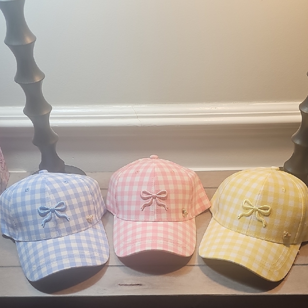 Gingham Bow Baseball Caps in Blue, Pink, and Yellow